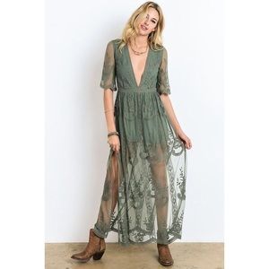 Boho green lace maxi romper
